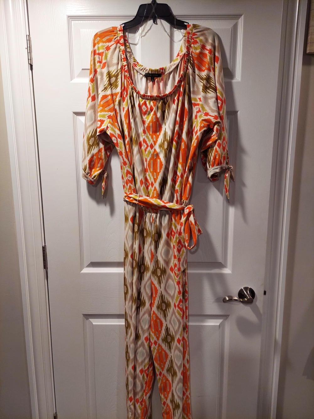 Ashley Stewart Orange, Olive and Cream Ikat Jumpsuit